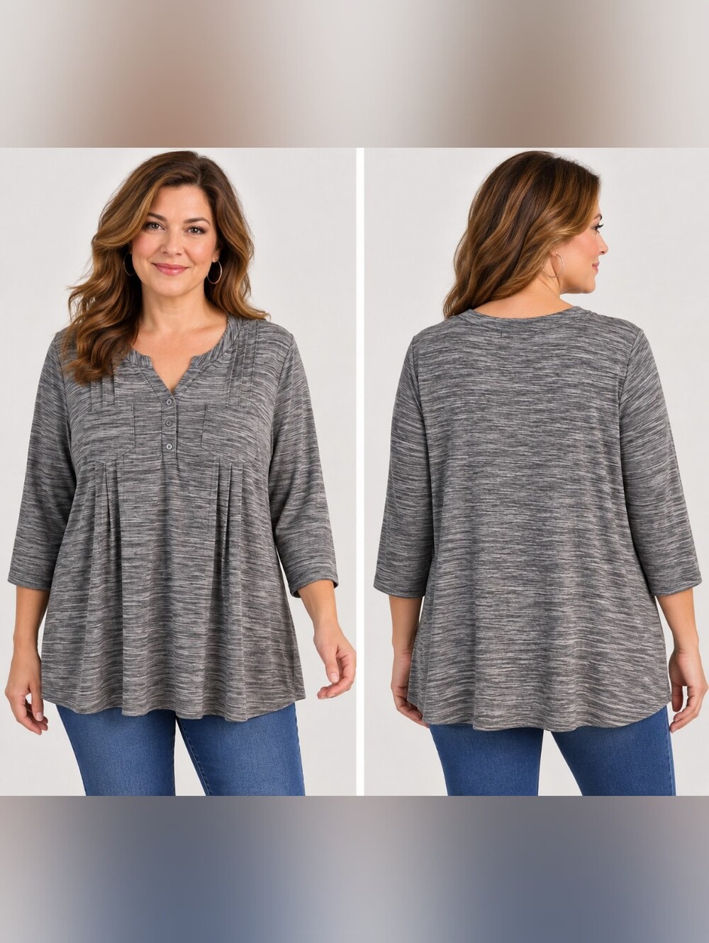 Elie McCarthy Woman's Gray Pleated Tunic Top Size 2X 3/4 Sleeve Pullover